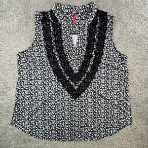 Ruby Ribbon Floral Sleeveless Blouse Lace Trim V-Neck Black Purple XXL 1623
